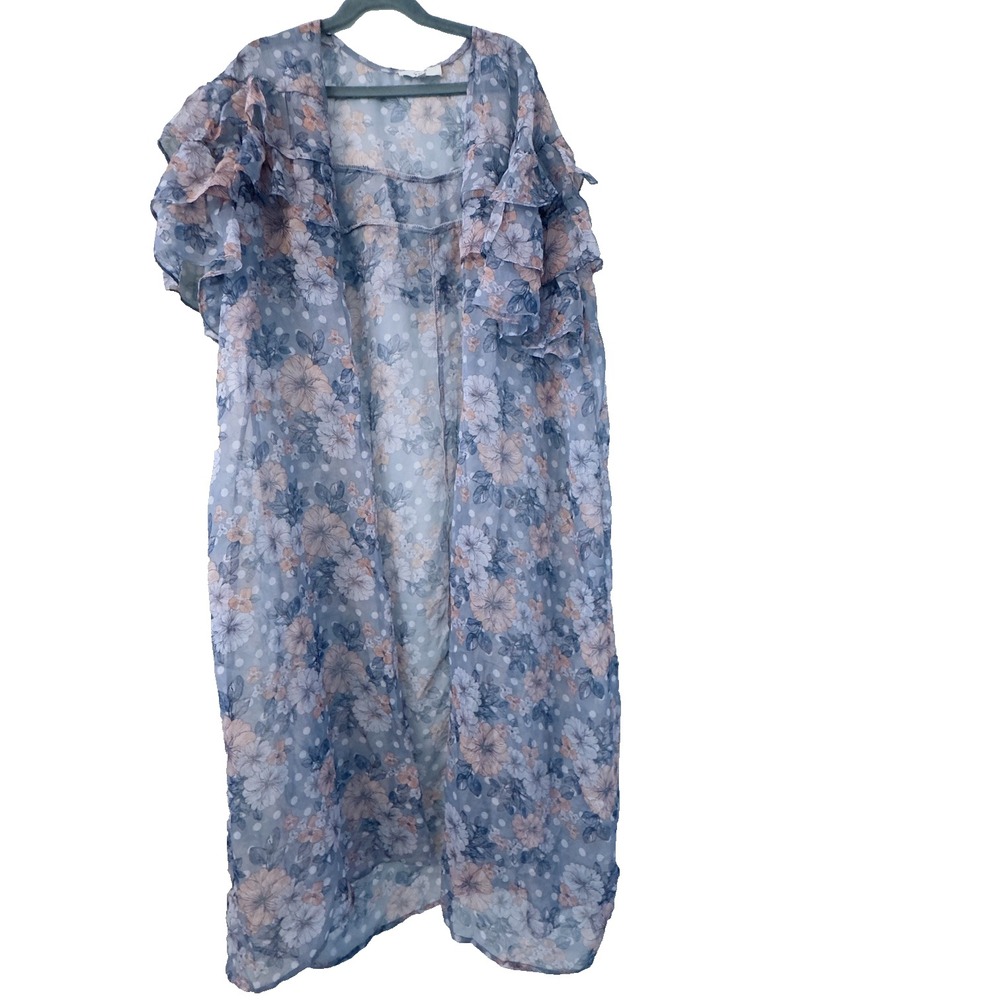 Easel Women's Size Small Gray Floral Sheer Kimono Duster Ruffle Romantic Boho